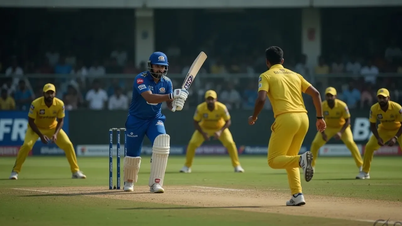 Cricket stadium interior with players spread across the field during a professional IPL fixture