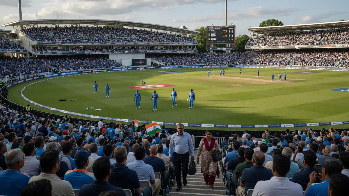 Wide evening view of a packed cricket ground with floodlights and a green outfield before a limited-overs match